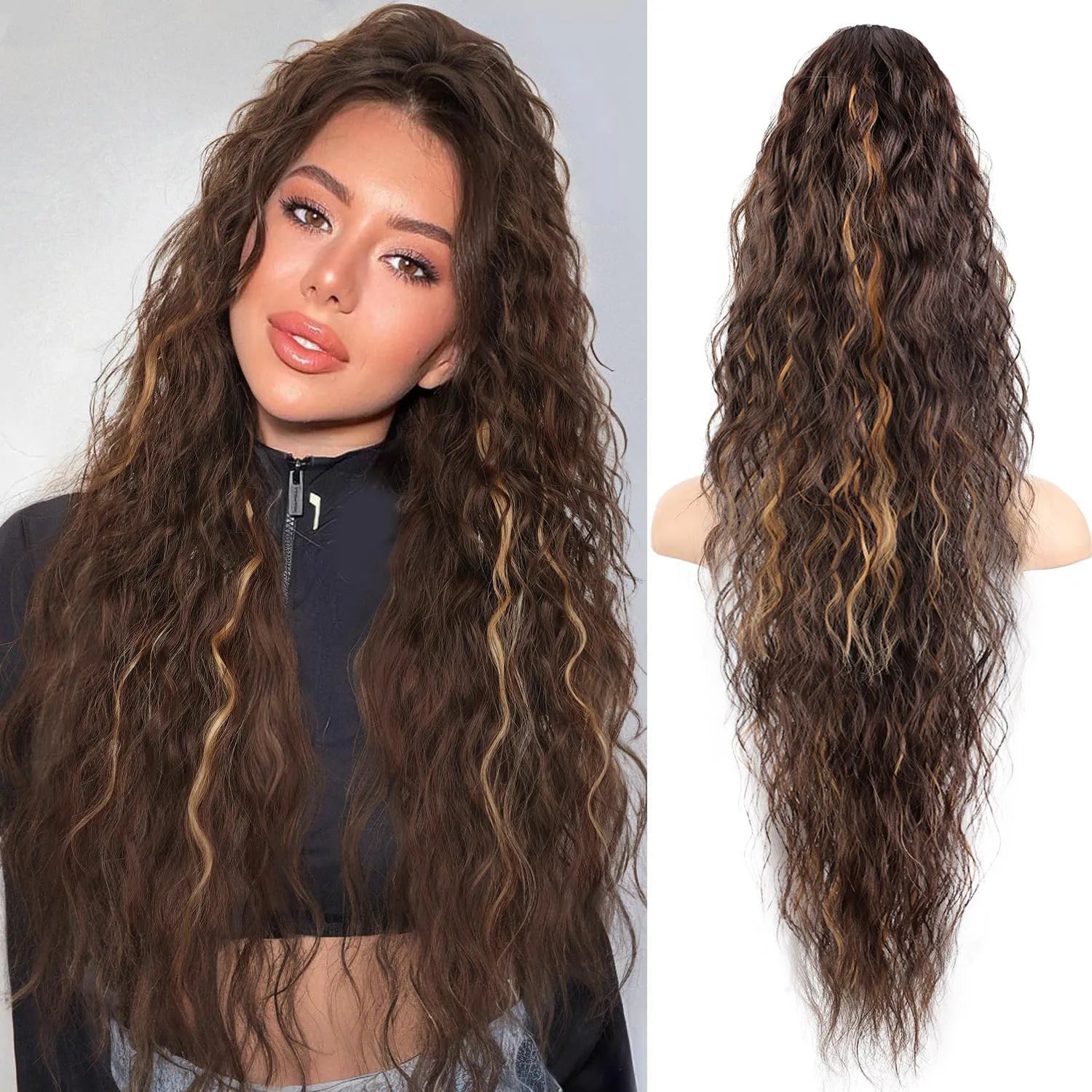 Long 30-inch curly ponytail wig in high temperature fibre for costume and cosplay.