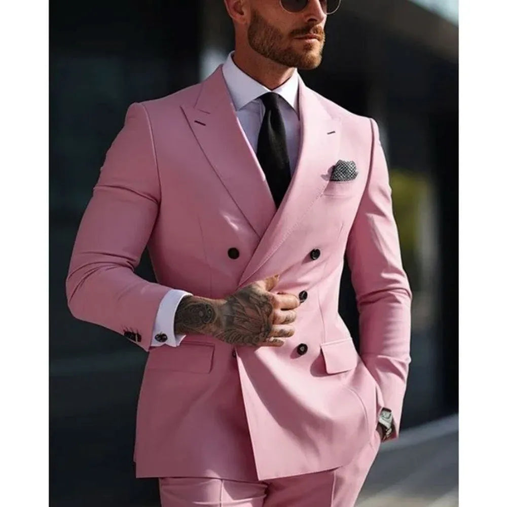Korean slim fit men's two-piece suit in cotton blend fabric available in multiple colours