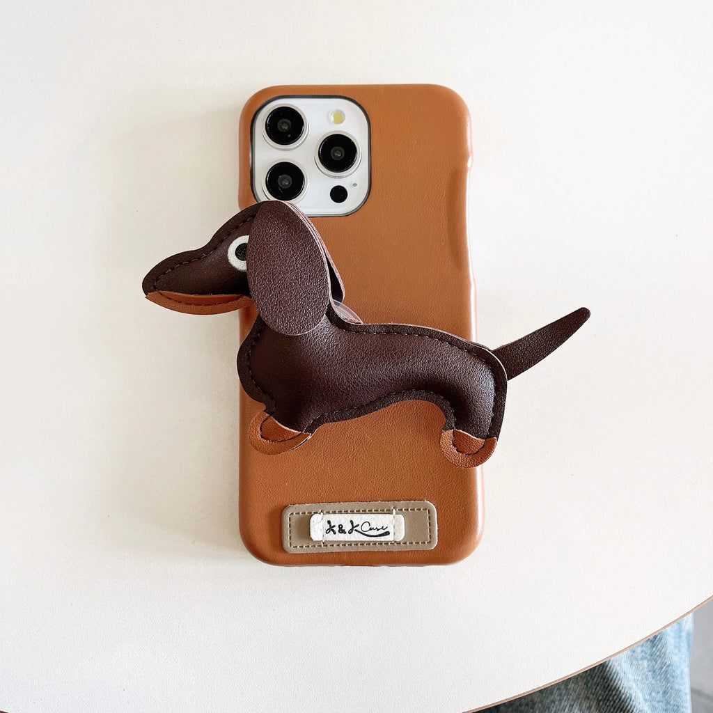 Sausage dog bracket phone case with imitation leather finish in black shell, compatible with iPhone models