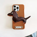 Sausage dog bracket phone case with imitation leather finish in black shell, compatible with iPhone models