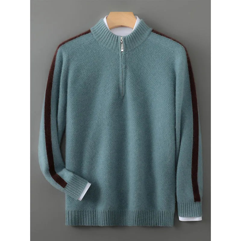 Half-zip round neck sheep wool knitted sweater in slim fit, shown in one of four colour options.