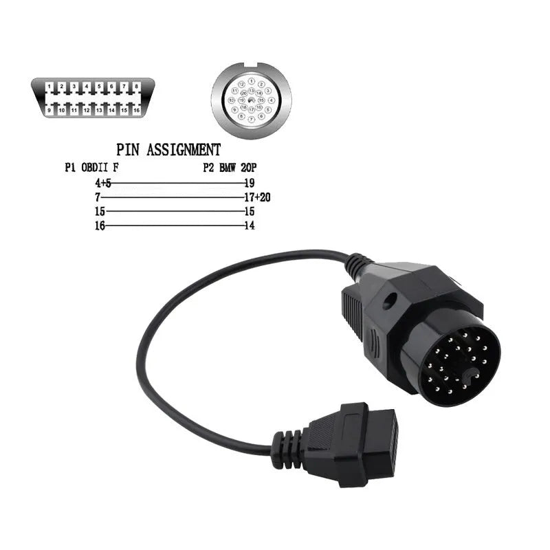 OBD2 diagnostic adapter cable with BMW 20-pin male connector and standard 16-pin female OBD2 socket