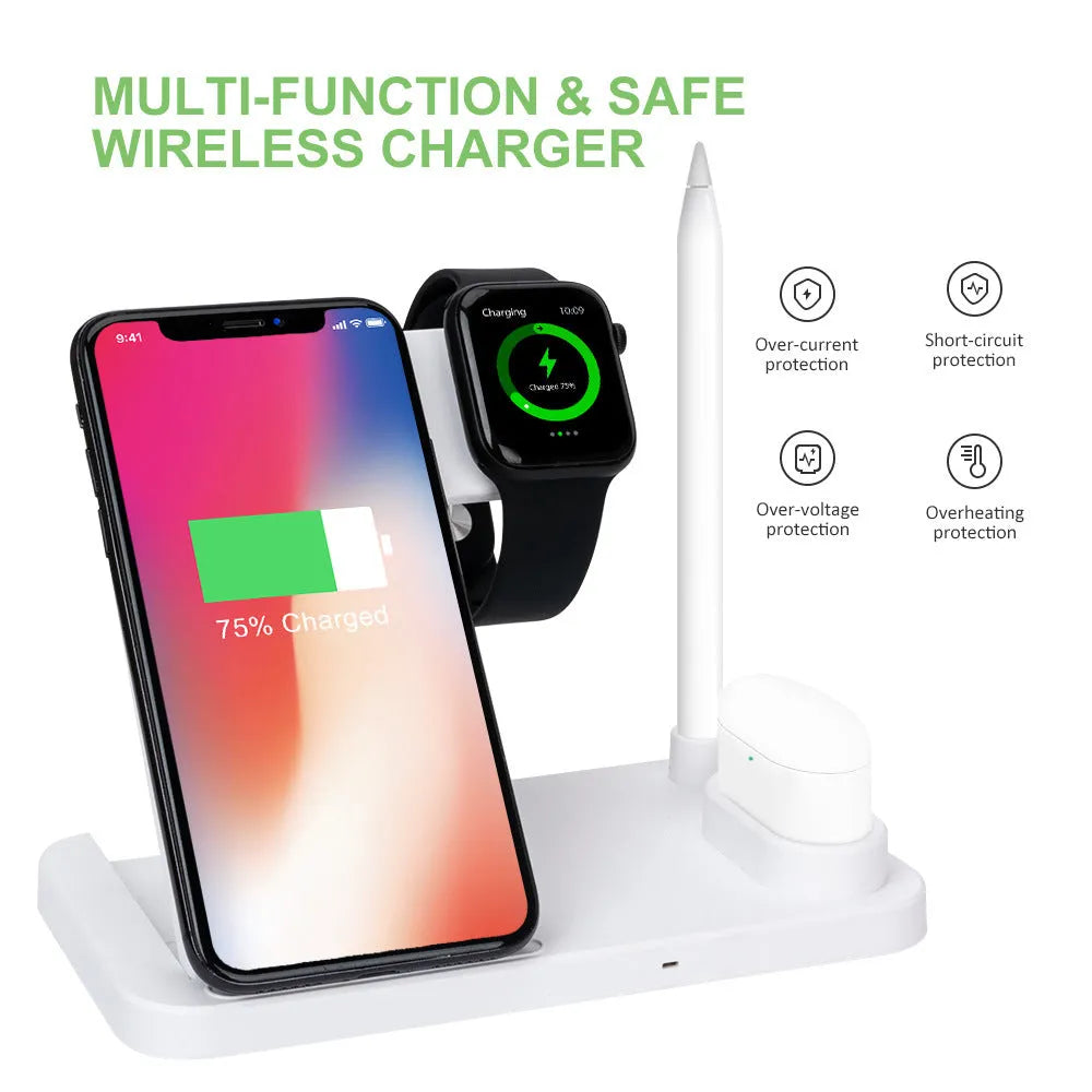 Foldable 4-in-1 wireless charging station in black, showing vertical phone stand and multiple charging pads for devices.