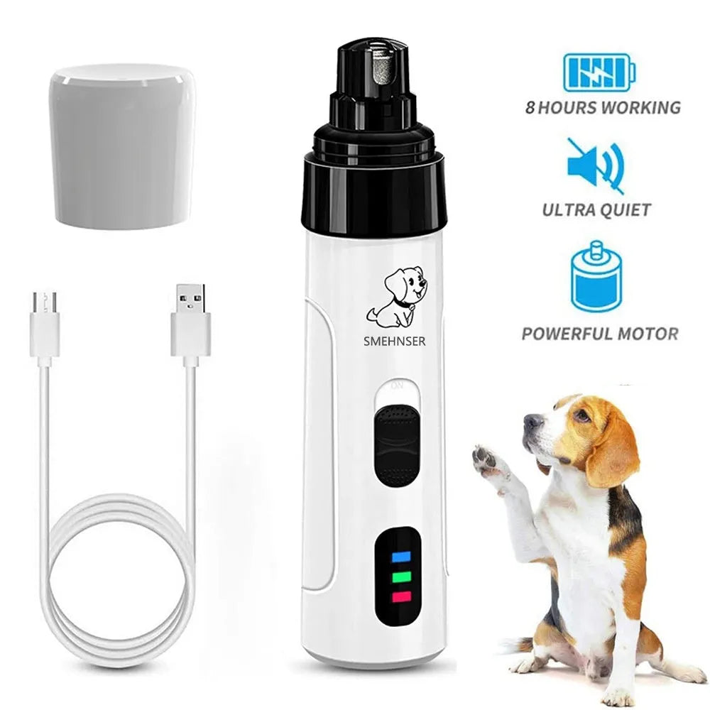 Electric dog nail grinder with LCD screen, LED lights, and dust collection bin on a white background.