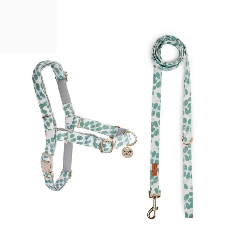 Polyester dog chest strap harness in Early Snow colour with hand-holding rope, side view on floor