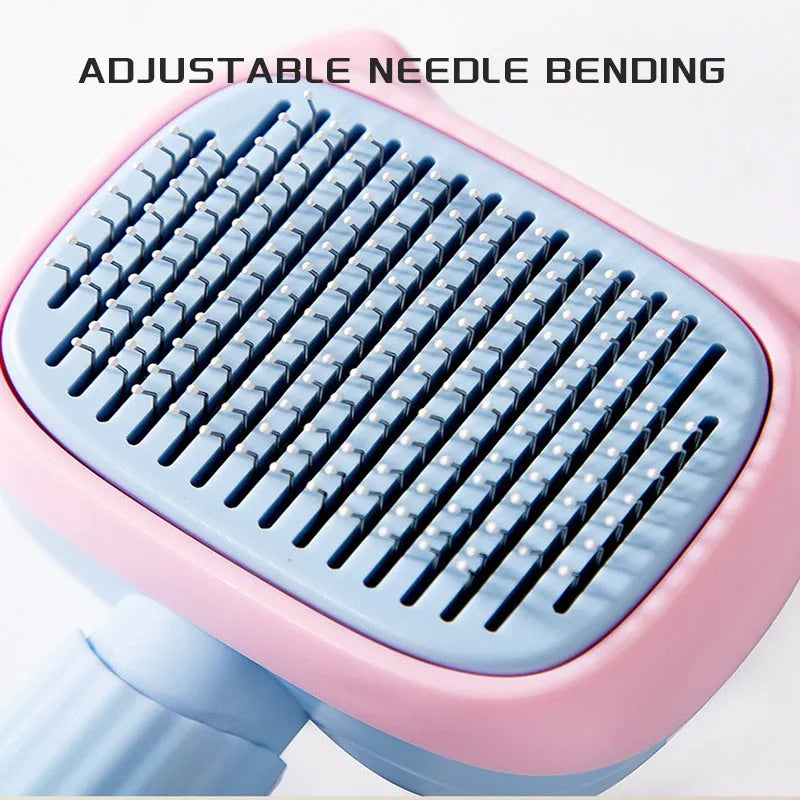 Blue and green double-sided pet grooming brush showing deshedding rake and dematting comb