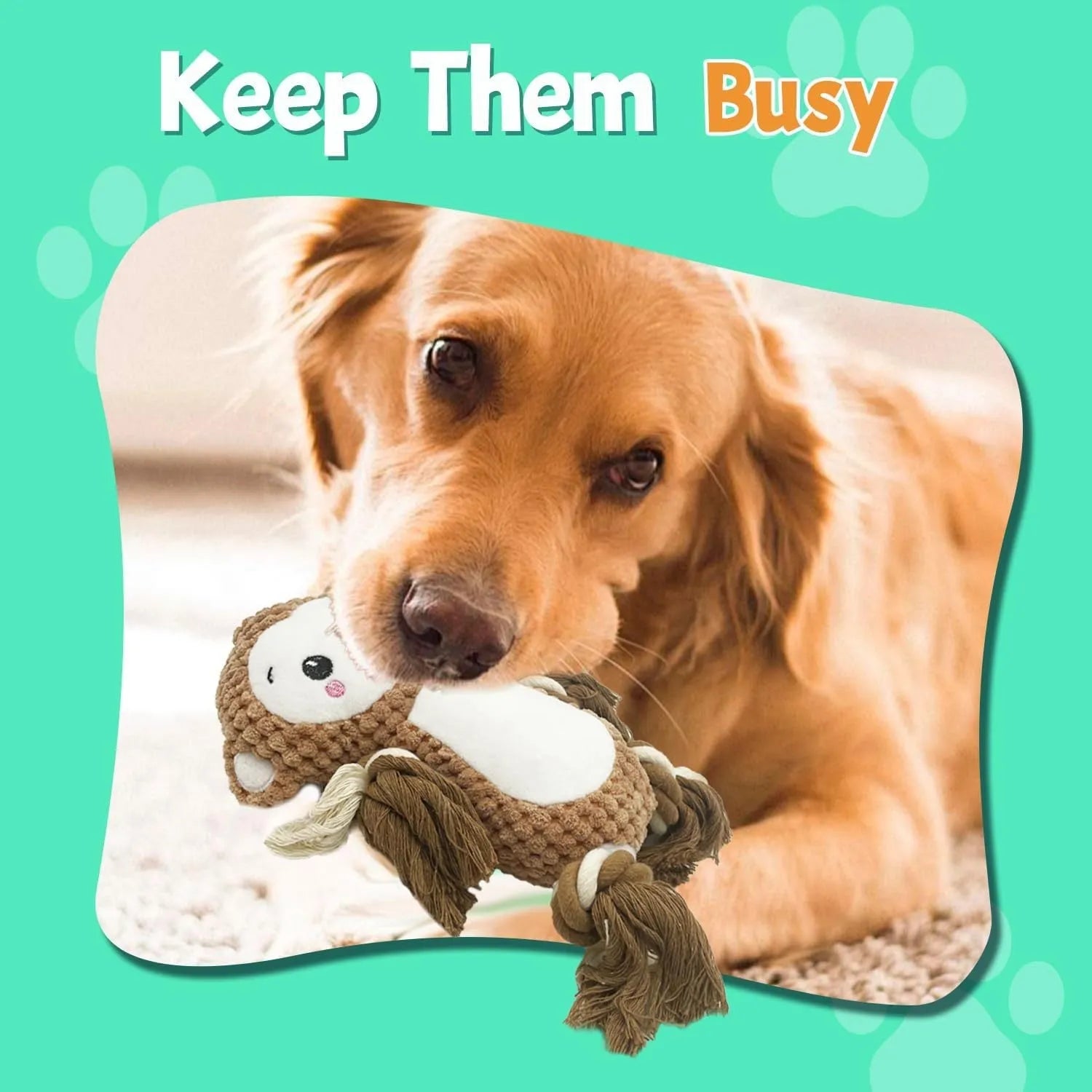 Two stuffed squeaky dog toys: a yellow lion and a brown monkey plush toy on a white background.