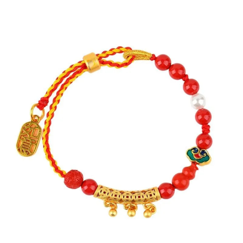 Women's cinnabar bracelet with hand-woven red sand rope and small round bell charm