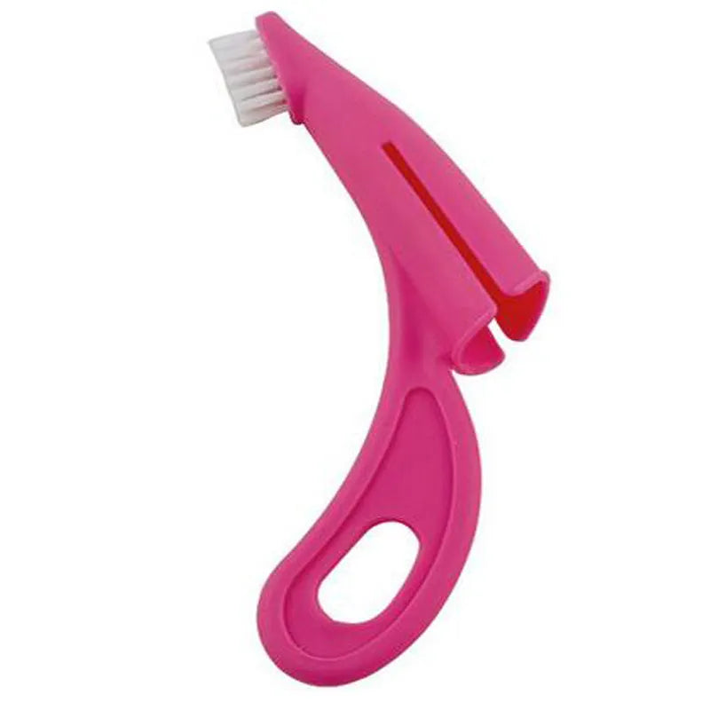 Red and white pet finger toothbrush for dogs and cats with silicone bristles and finger-sleeve design