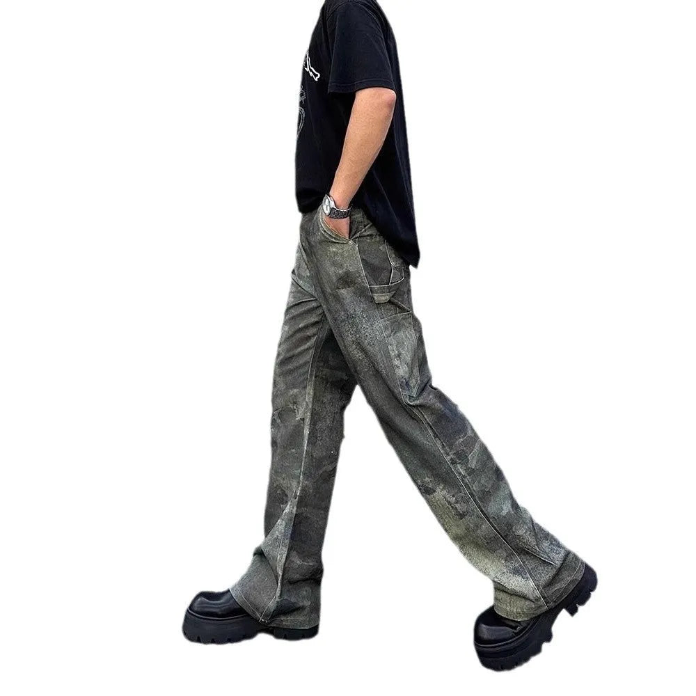 Men's straight-leg jeans with retro digital camouflage pattern and mid-waist design