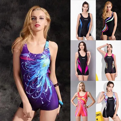 Women's black and blue quick-dry polyester one-piece swimsuit on a mannequin, showing conservative sleeveless design.