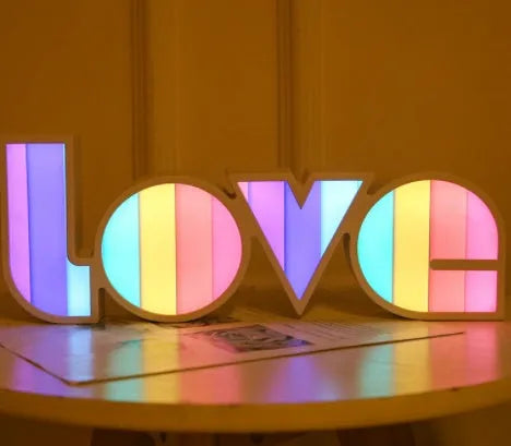 Rainbow style LED LOVE decorative light lamp for Valentine's Day and wedding party decoration.