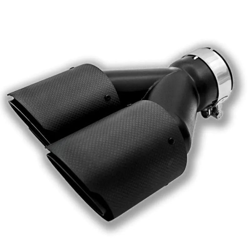 Black carbon fibre car exhaust silencer with double outlet tail pipe, 250mm vehicle modification component