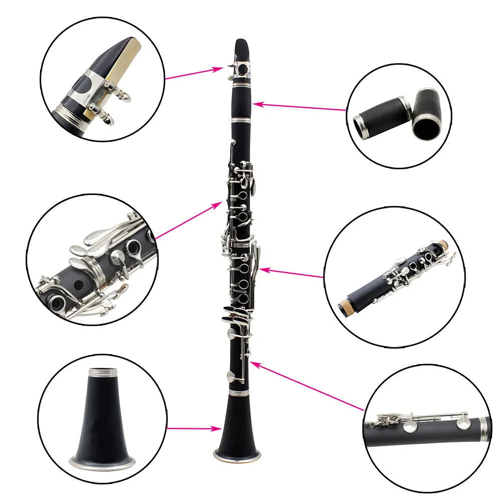Black Bakelite beginner clarinet with nickel keys and a black carrying bag.