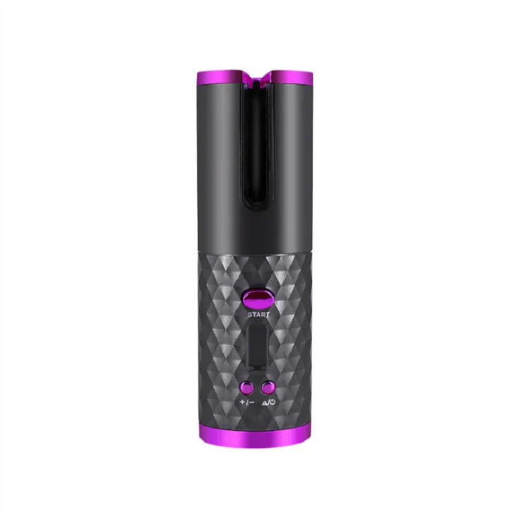 A white portable automatic wireless curling iron with a USB cable and a gold ceramic barrel.