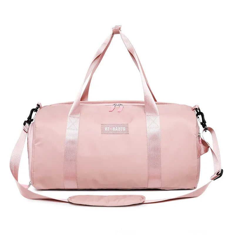 Beige nylon sports bag with contrast colour details and letters pattern