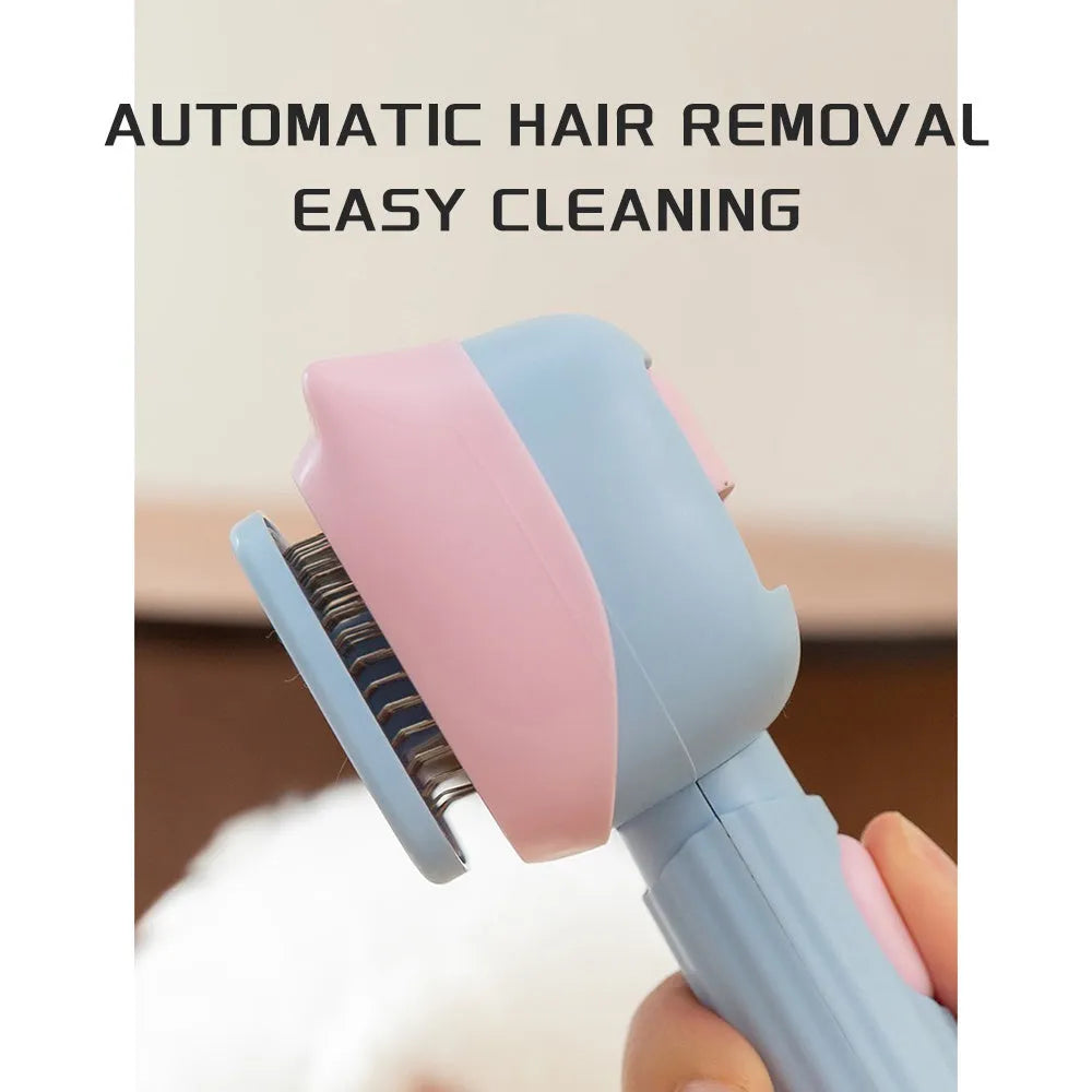 Blue and green double-sided pet grooming brush showing deshedding rake and dematting comb