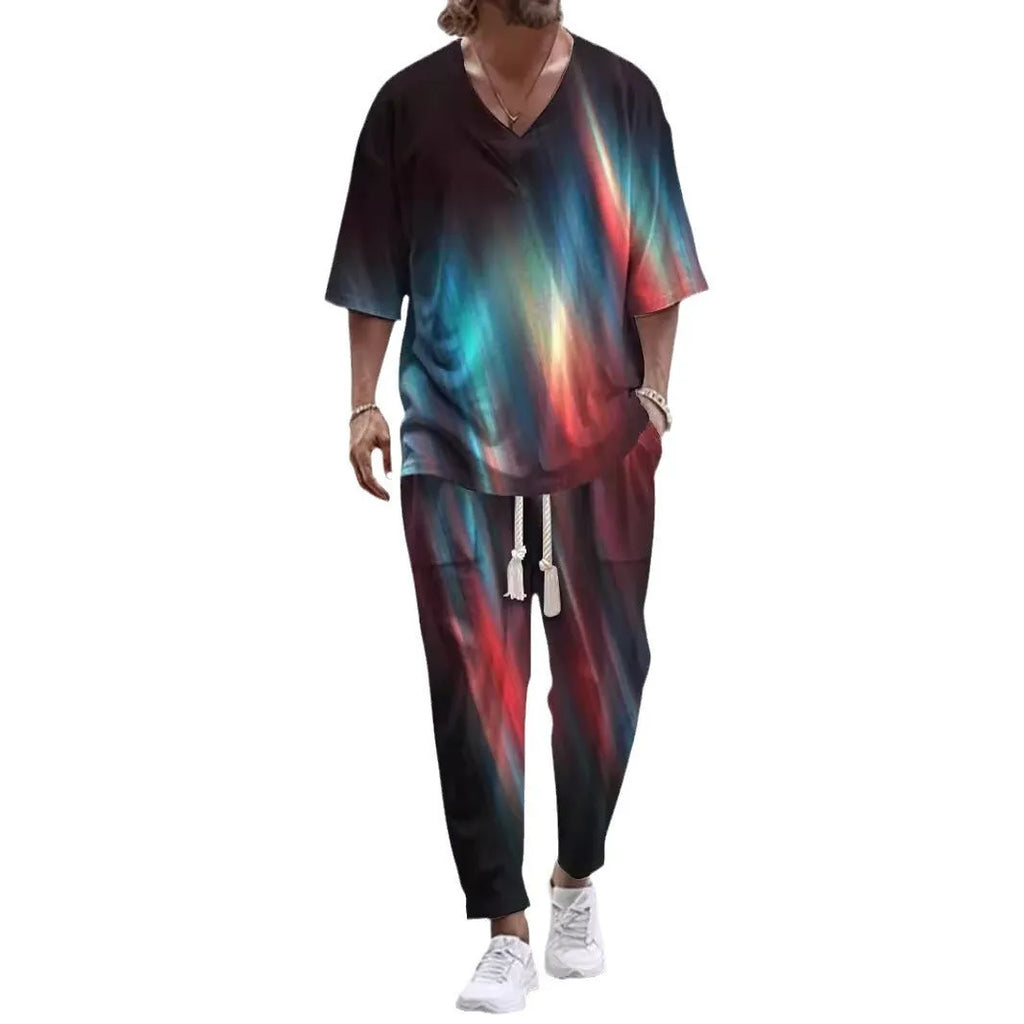 Cropped sleeve V-neck jacket and trousers suit in thin polyester fabric on a hanger.