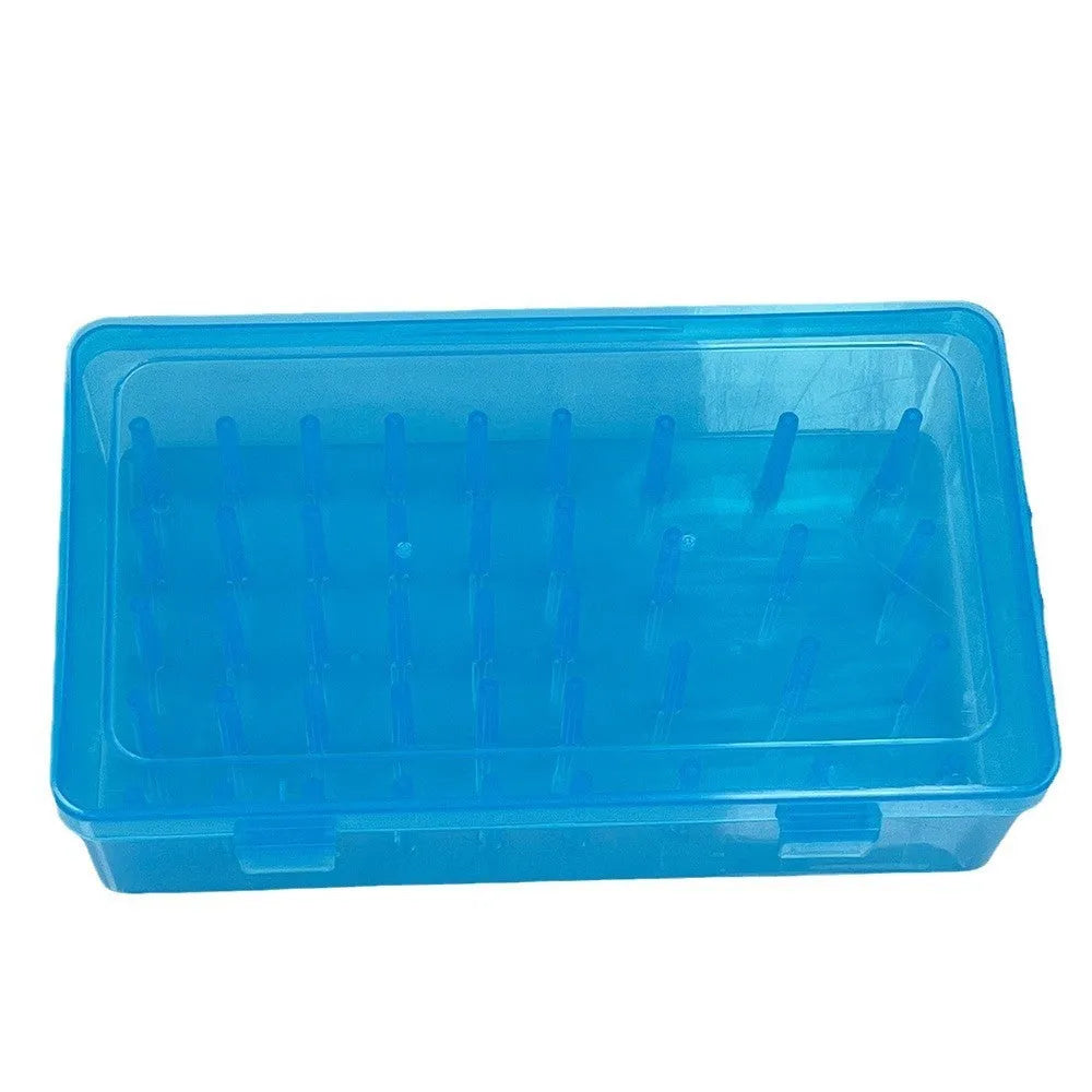 Plastic storage box with 42 compartments for organising embroidery threads and sewing kit items.