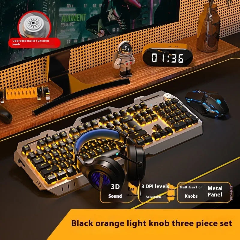 Aluminium alloy mechanical keyboard with backlit keys in gaming dimensions with optional mouse and headset