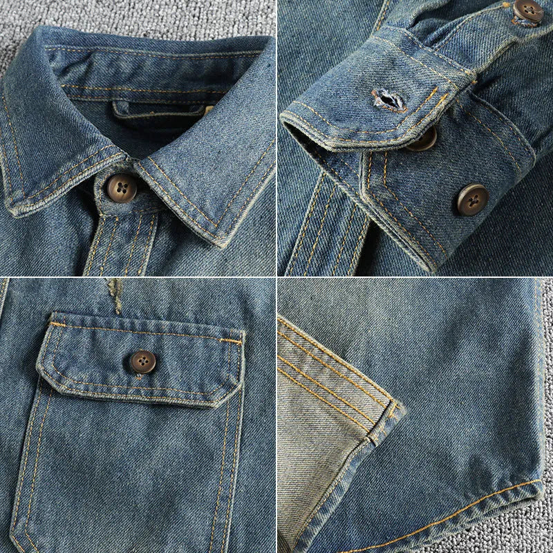 Man wearing a light blue vintage washed denim shirt with a loose fit and long sleeves.