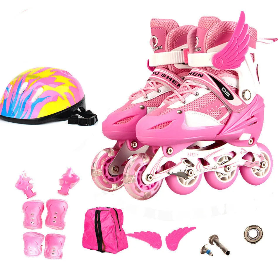 Children's adjustable skating shoes with aluminium frame, PU foam wheels, and complete protective gear set including helmet