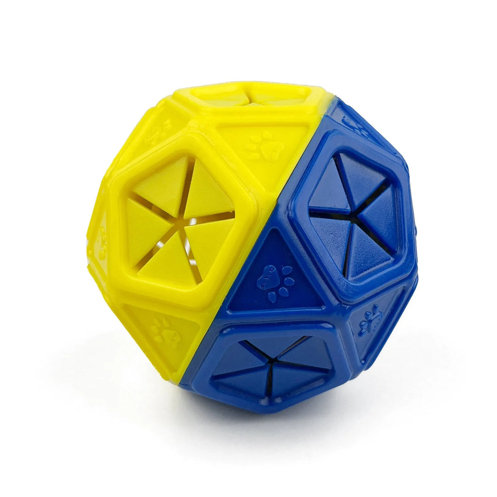 Blue and red hollow dog puzzle ball for treat dispensing and interactive play