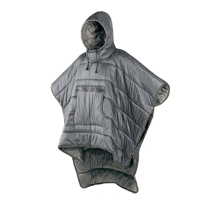 Army Green outdoor cloak sleeping bag with nylon shell shown in wearable configuration