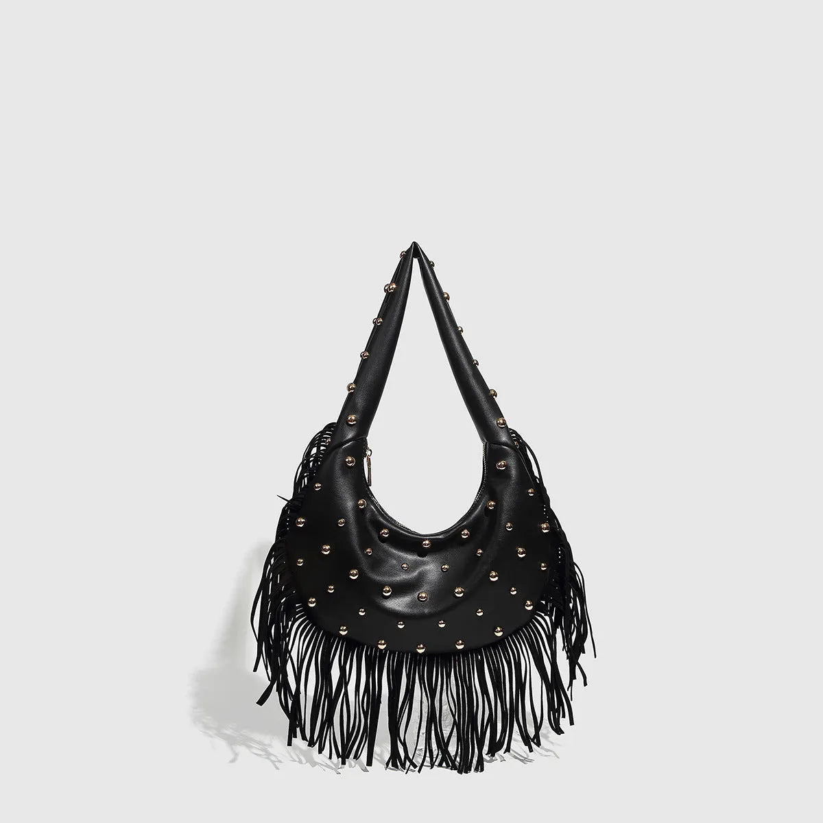 Retro black shoulder handbag with a gold tassel detail and structured shape.