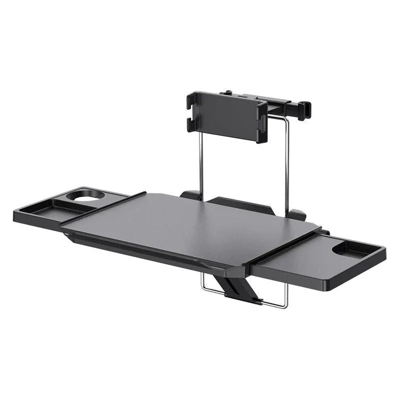 Foldable black ABS car seat back dining table board with phone and tablet clip and headrest strap