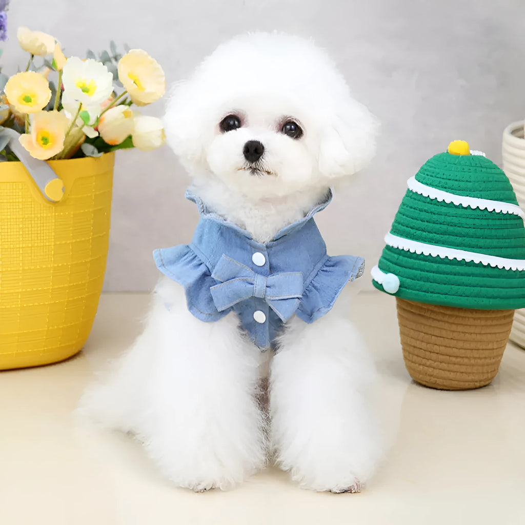 Blue denim dog dress vest with ruffle trim and back leash hook for small dogs