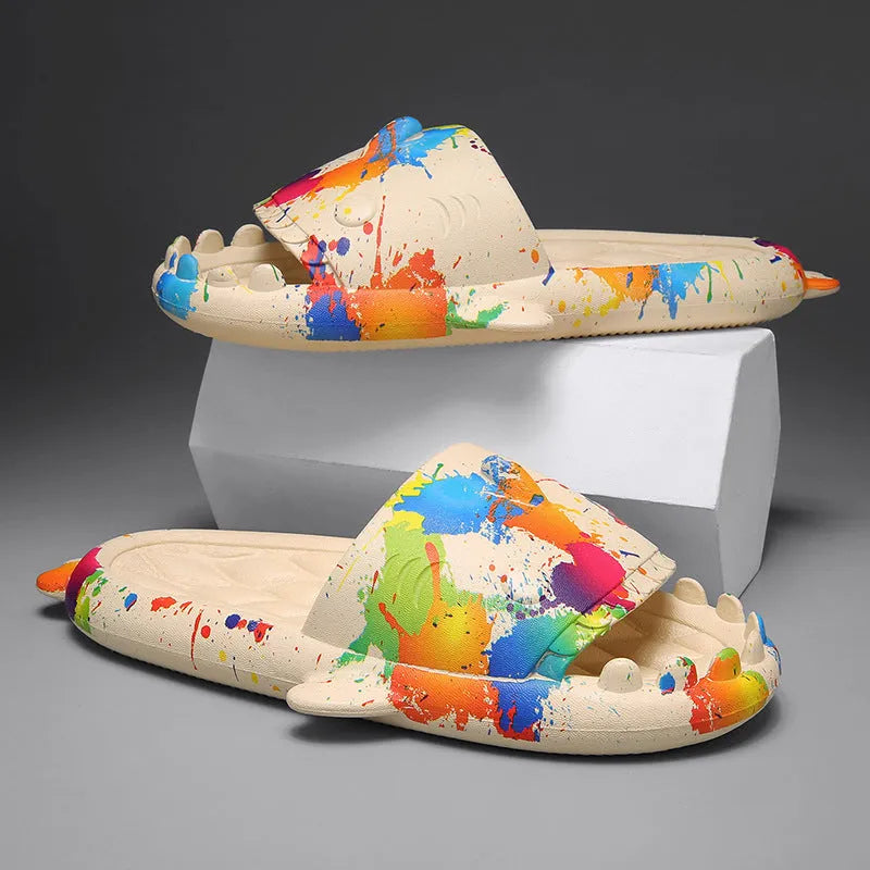 Shark-themed couple open toe slippers in beige EVA material on a white background.