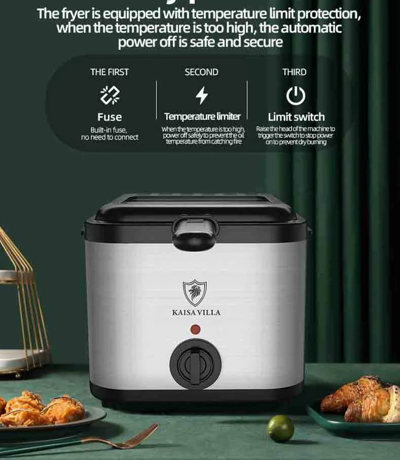 Silver electric air fryer with detachable basket on kitchen countertop