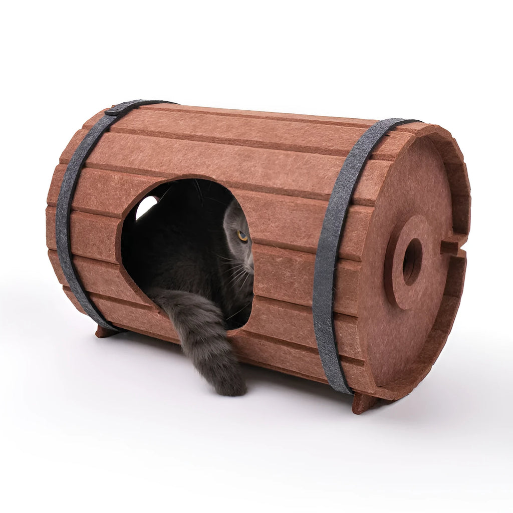 Assembled wine barrel shaped cat bed made from polyester fibre felt, showing three pieces and two straps.