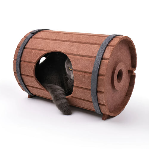 Assembled wine barrel shaped cat bed made from polyester fibre felt, showing three pieces and two straps.