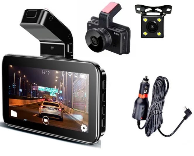 3-inch dual lens car dash cam showing front and rear recording capability with button controls