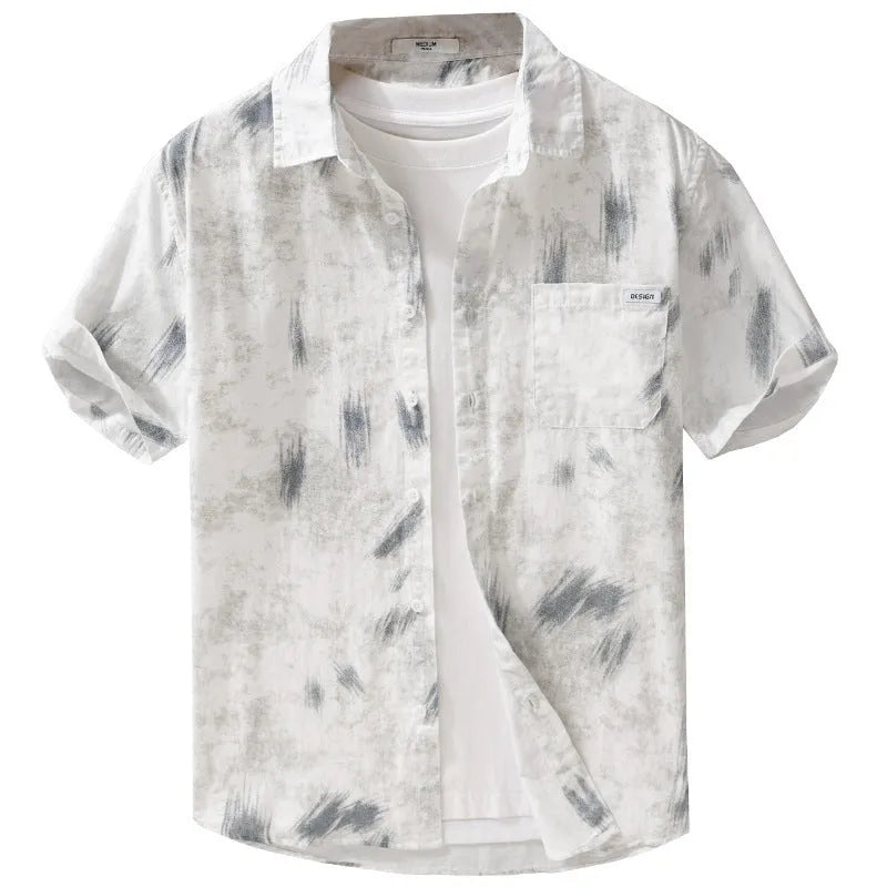 Men's light green floral print cotton cardigan with short sleeves laid flat