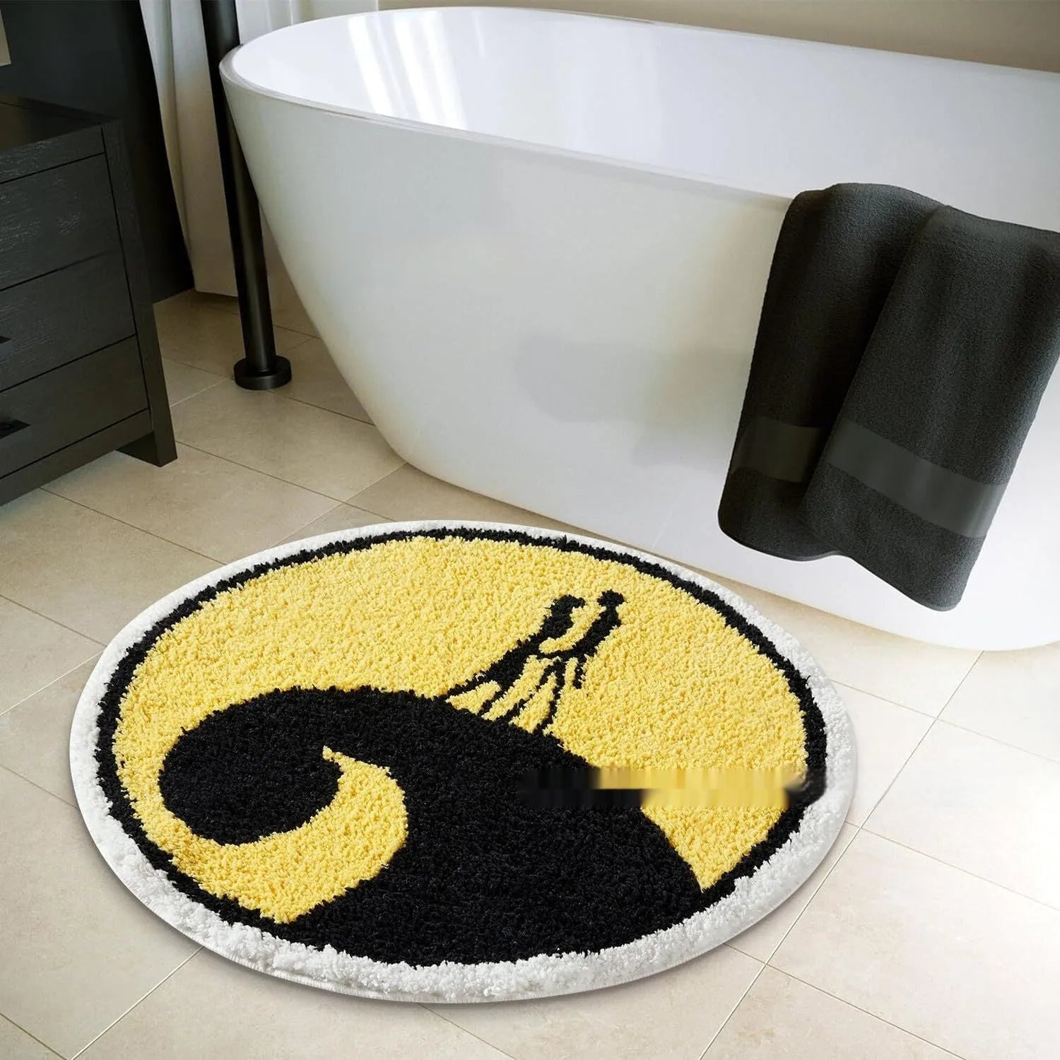 Christmas-themed printed round polyester rug on a wooden floor