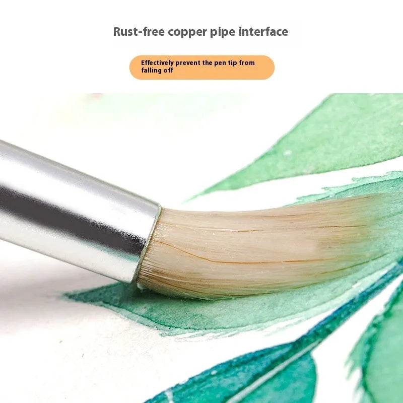 Six wooden hook line pen brushes with pointed handles and fine brush nibs arranged as a set