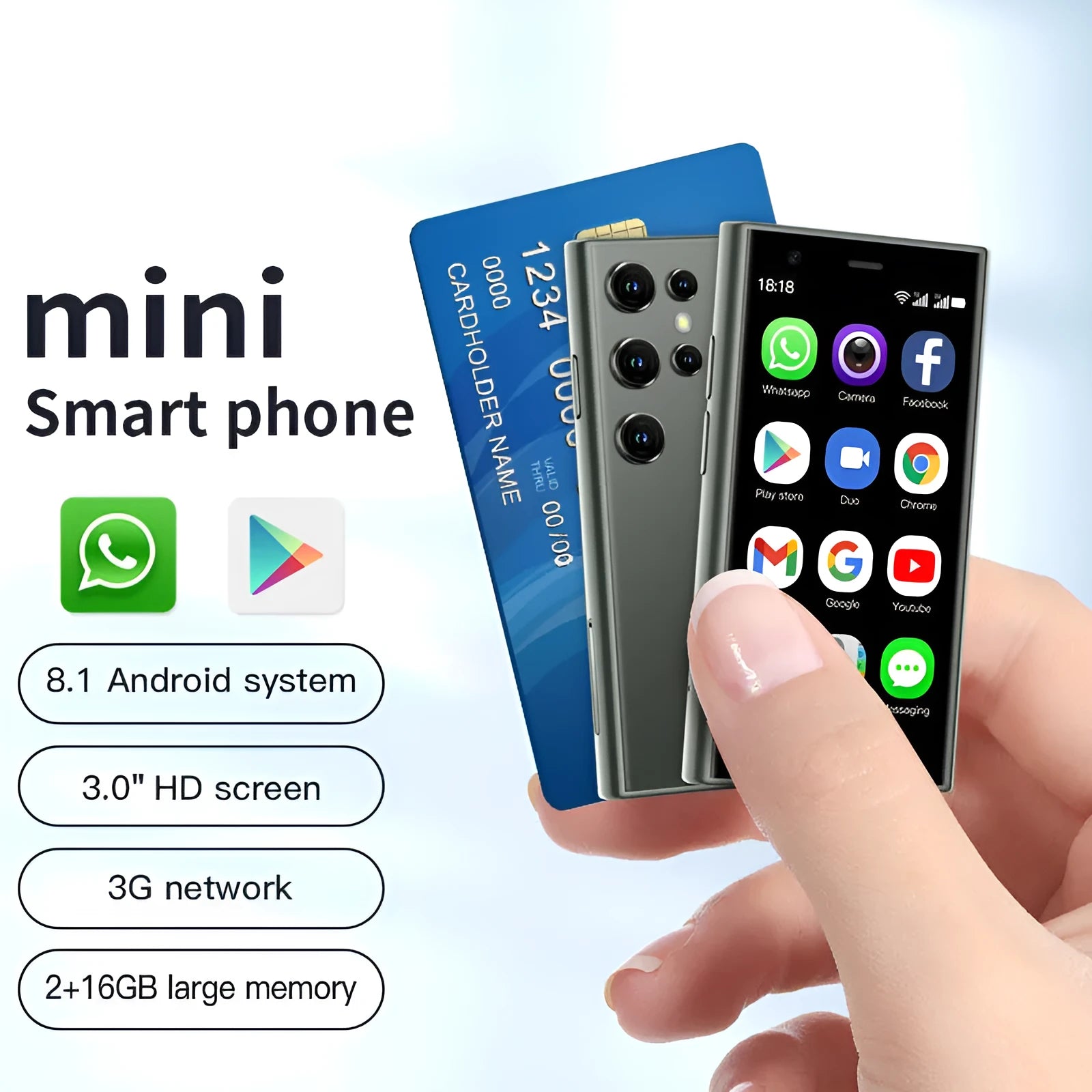 Black, green, and pink purple mini Android smartphone with 3-inch screen showing home screen interface