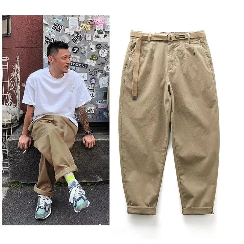 Men's Japanese leisure overalls straight loose fit cotton blend trousers in khaki with belt