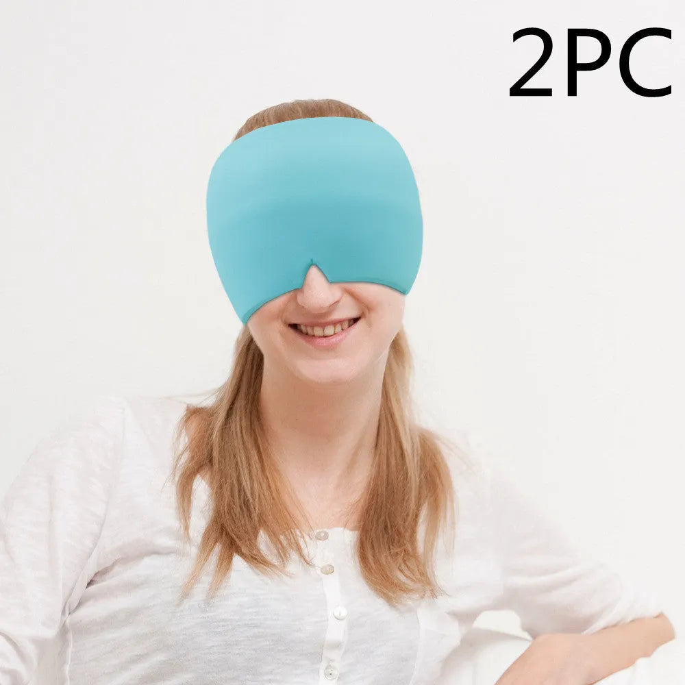 Black elastic cloth cooling gel eye mask for headache relief showing adjustable fit