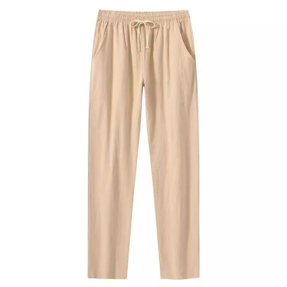 Man's loose-fitting cotton linen casual beach pants in solid khaki colour