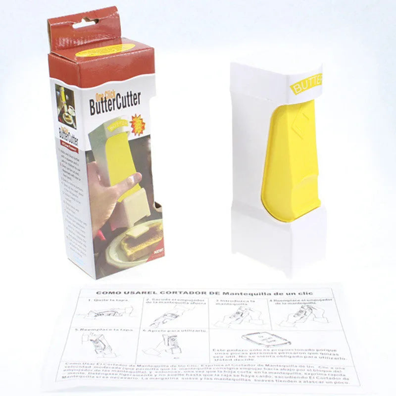 Yellow ABS plastic butter cutter with one-button dispenser and stainless steel blade for 4.75-inch bars