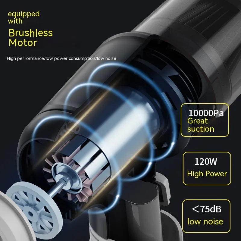 Handheld car vacuum cleaner with nozzle attachments in black, white, or grey colours