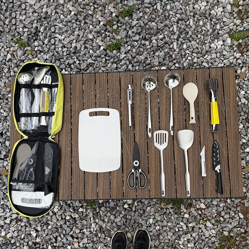 Picnic kitchenware storage bag containing 12-piece stainless steel cutlery set