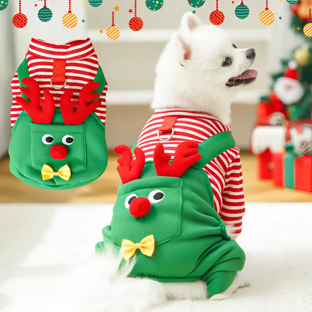 Christmas elk print polyester pet clothing, vest and four feet styles, sizes XS to 2XL