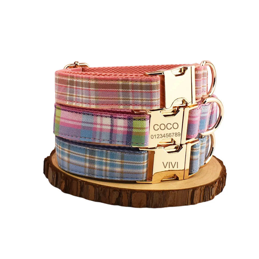 Complete four-piece dog collar and lead set with matching bow and vest in cloth material