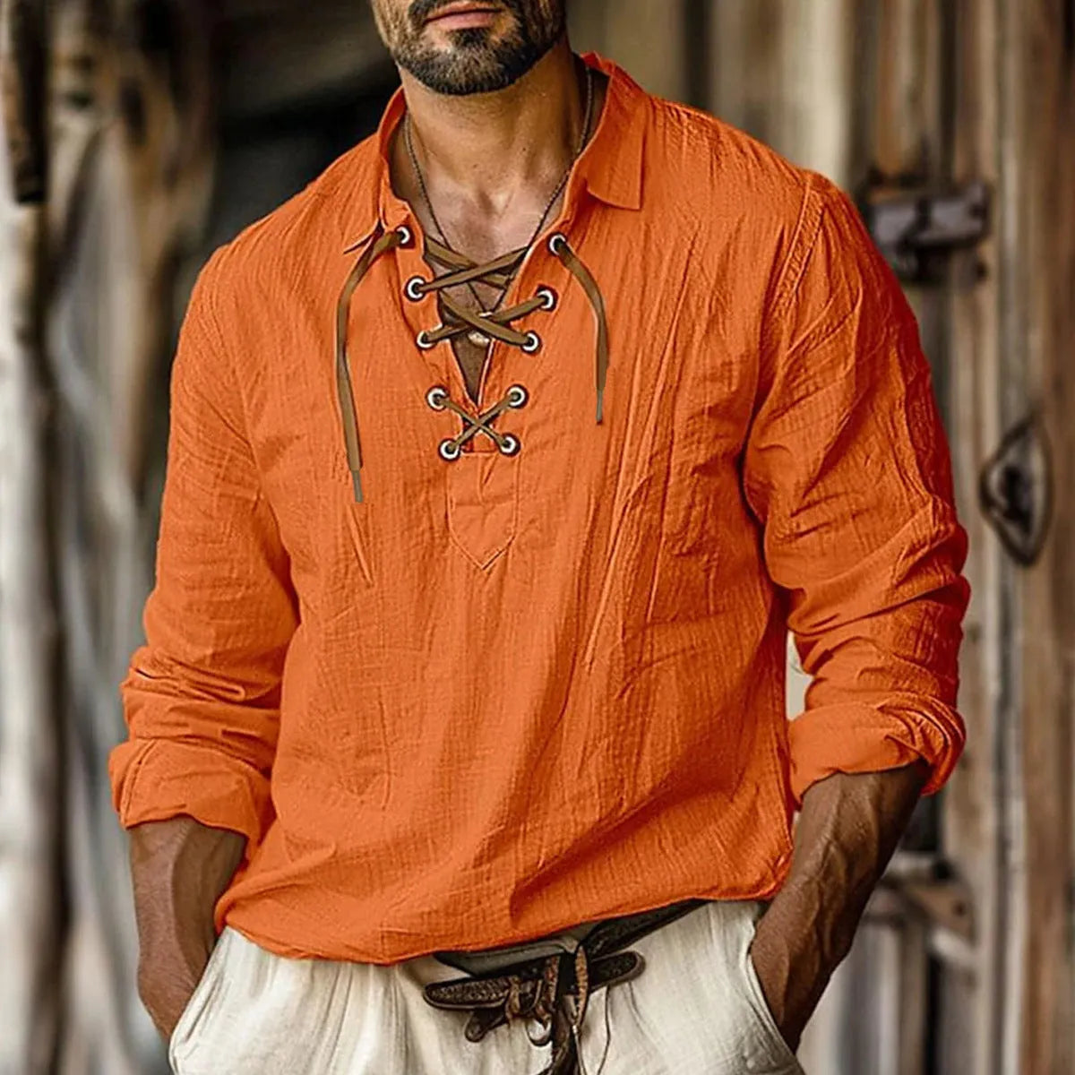 Men's solid colour linen blend shirt with lapels, lace details, and long sleeves in a loose plus-size fit.