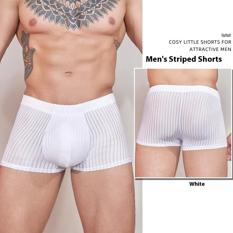 Men's striped underwear in thin nylon fabric, shown in black, white, and dark grey colours.